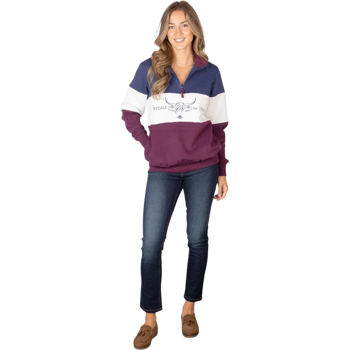 2025 Rydale Femmes Dames Byland Sweatshirt 407179 - Berry / White / Denim